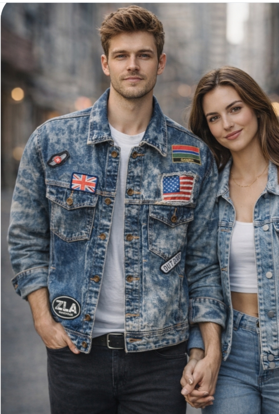 Agile Denim Jacket XL Patchwork Flags Acid Wash Blue Streetwear